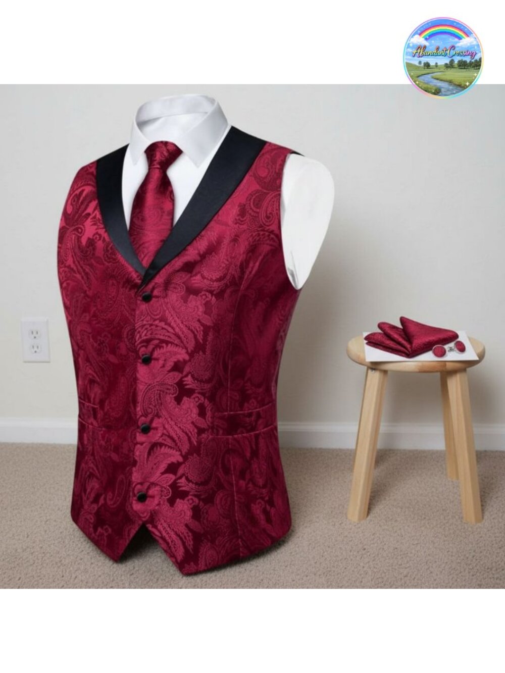 Mens Paisley Vest Tie Pocket Square Cufflinks Set Formal Wedding Suit Vest